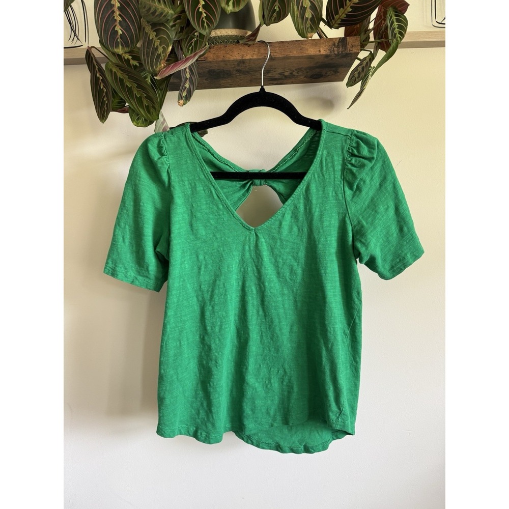 Meadow Rue Anthropologie Green Cotton Bow Back Slub Knit Tee Blouse S